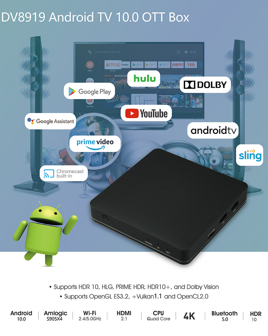 DV8919 Amlogic S905X4 Android TV 10 OTT Box With AV1 Support