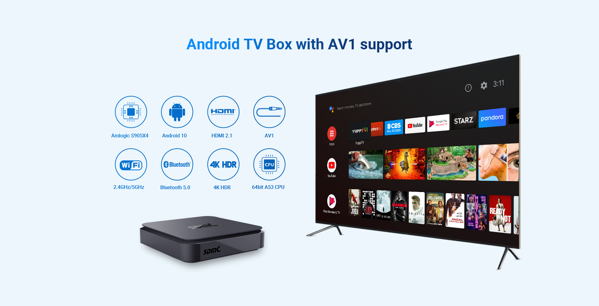 Smart TV Box Android 11.0 S905X4 Quad Core ARM Cortex A55 CPU, 4GB RAM 32GB  ROM, Ultra HD 4K HDR H.265 AV1 Decoding with Dual Band 2.4GHz/5GHz WiFi